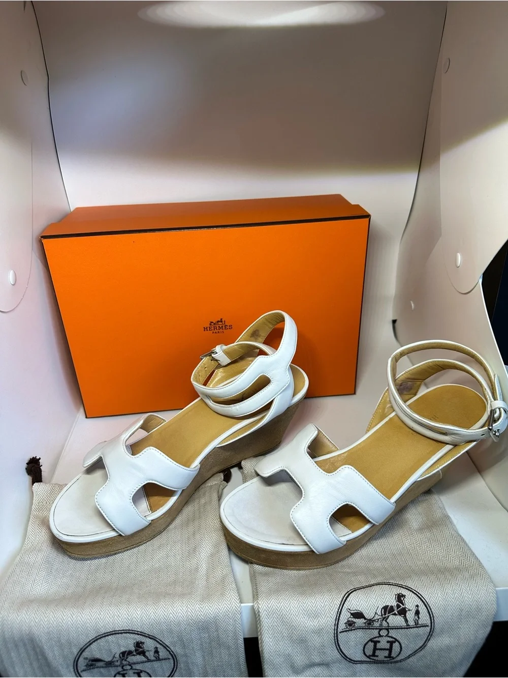 Hermes White Leather Platform Sandals